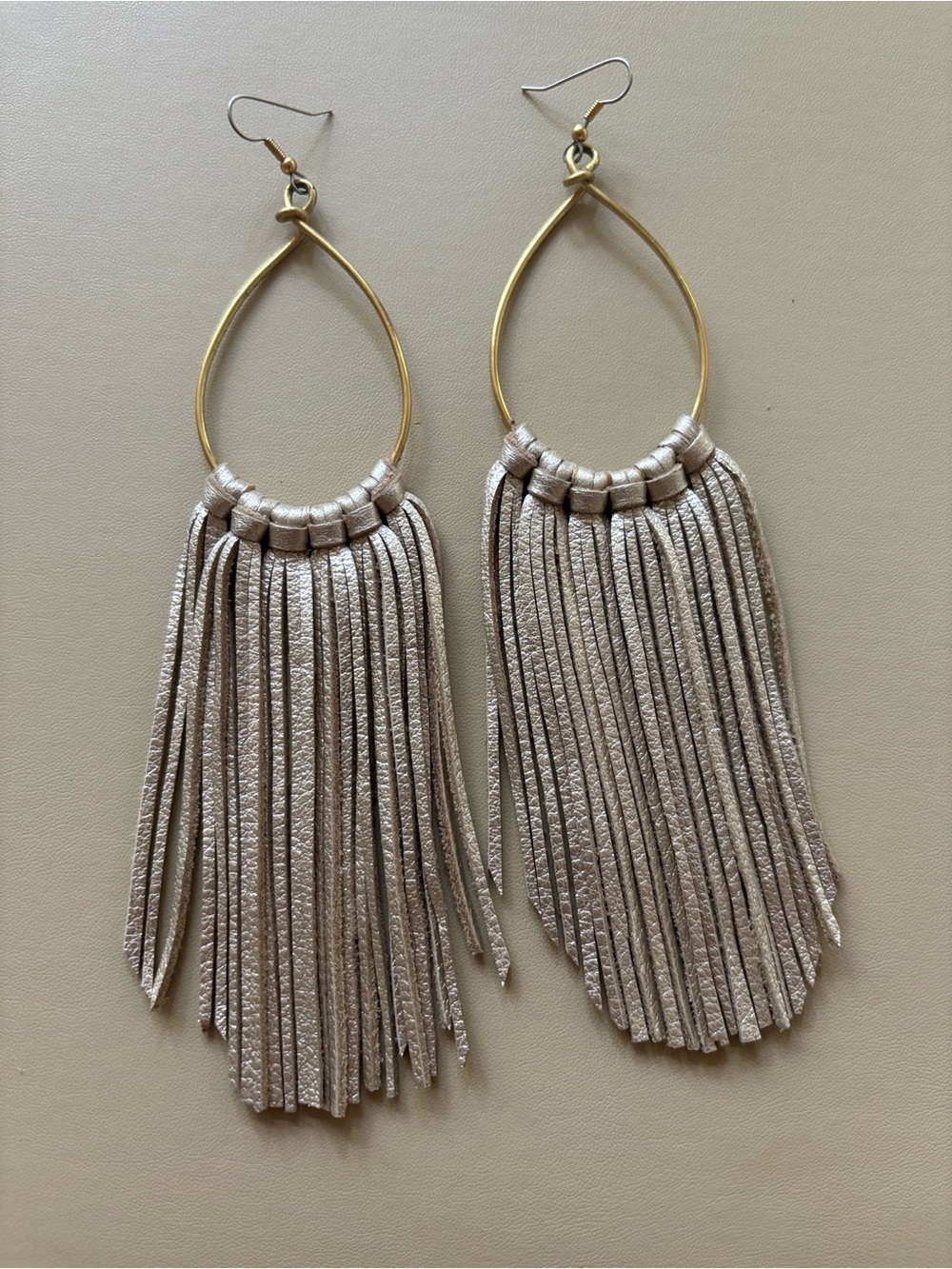 Handmade Metallic Champagne Leather Fringe Earrings Brass Artisan 7”